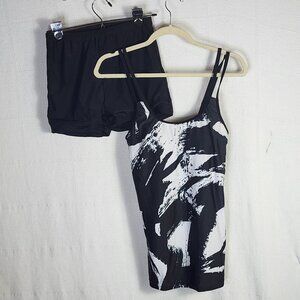 Rotita Black White Graffiti Print Poly Elastane Double Adj Straps Tankini Set SM